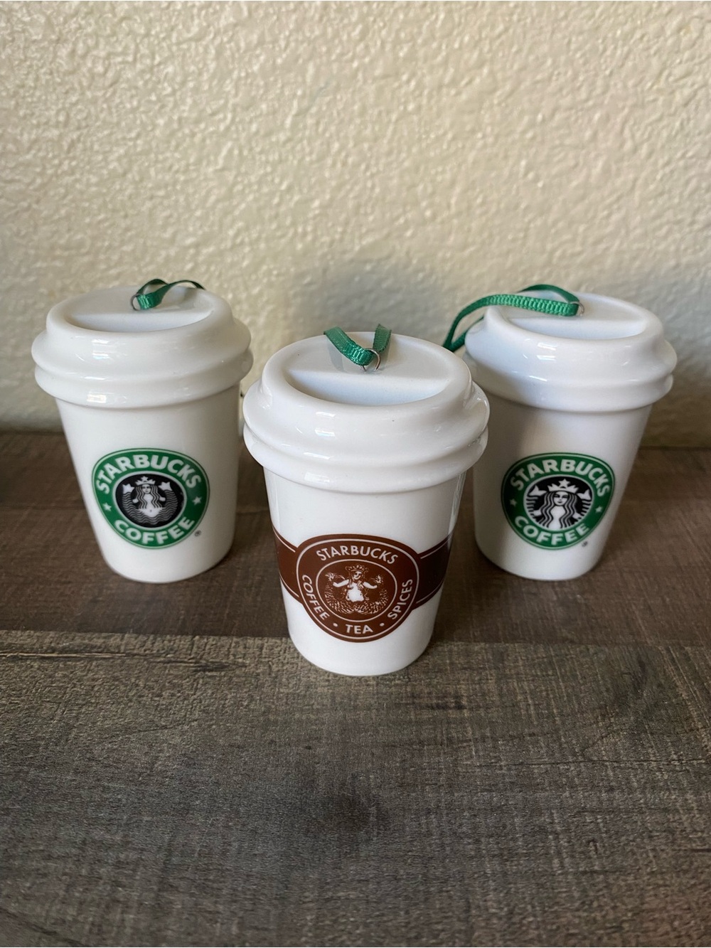 Starbucks White Mini Coffee Cup Ornaments with Green Ribbons